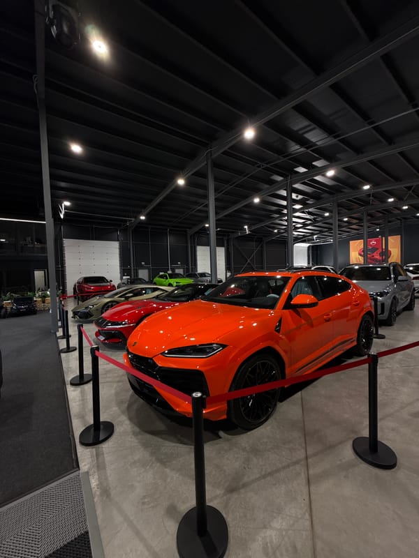 Lamborghinis and Ferraris fill a Plovdiv showroom floor