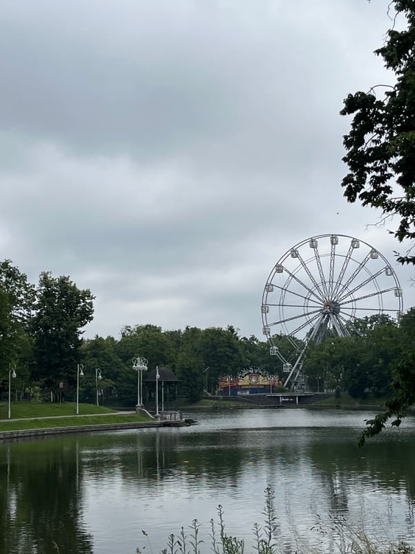 Kaliningrad lakeside park on a cloudy summer afternoon