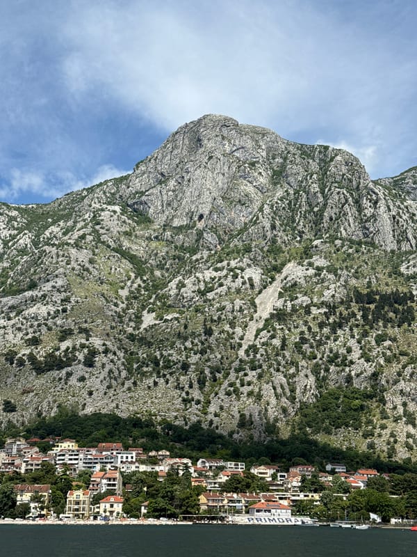 Mountain landscape documented along Montenegro's Dobrota waterfront