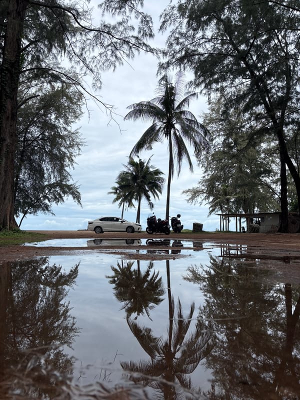 Early morning scenes captured in Choeng Thale: puddles, beach, yoga