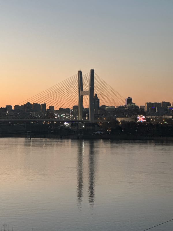 Evening views captured of Novosibirsk bridge at dusk