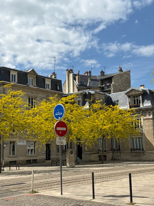 Spring afternoon street scene captured in Reims, France