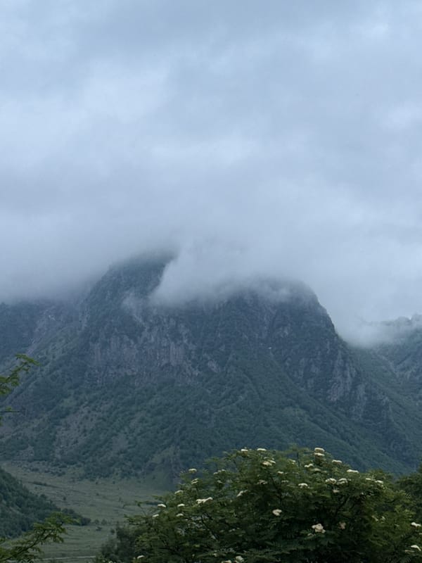 Foggy evening in the mountains around Goristsikhe, Georgia