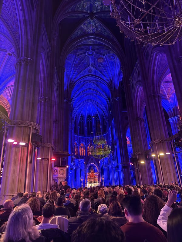 Crowd gathers at illuminated St. Stephen's Cathedral in Vienna