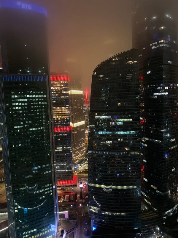 Night observations of Moscow City skyline from Khimki apartment