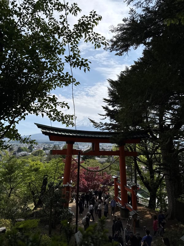 Tourist documents scenic attractions and themed train in Fujiyoshida