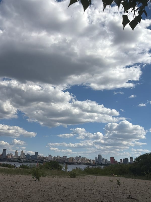 Lazy afternoon on the Dnipro riverbank, city skyline in view