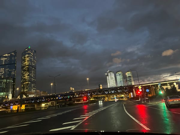 Nighttime drive captured near Moscow City business district
