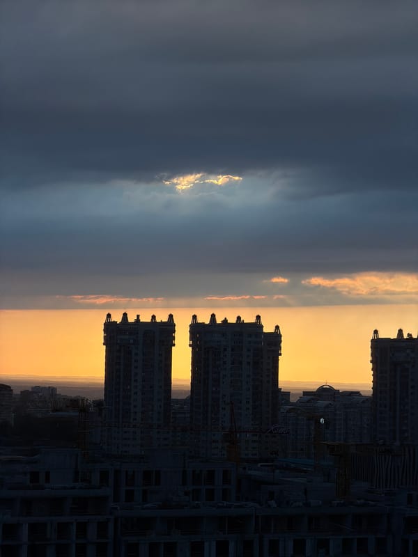 Woman walks dog amid construction in Almaty sunset