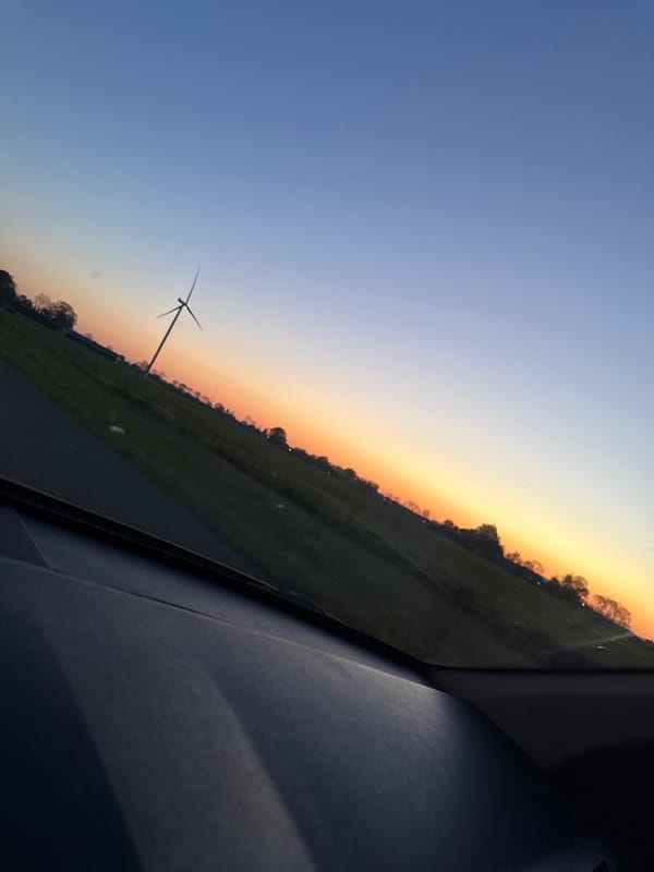 Twilight rural landscape photographed from vehicle near Bruchem, Netherlands