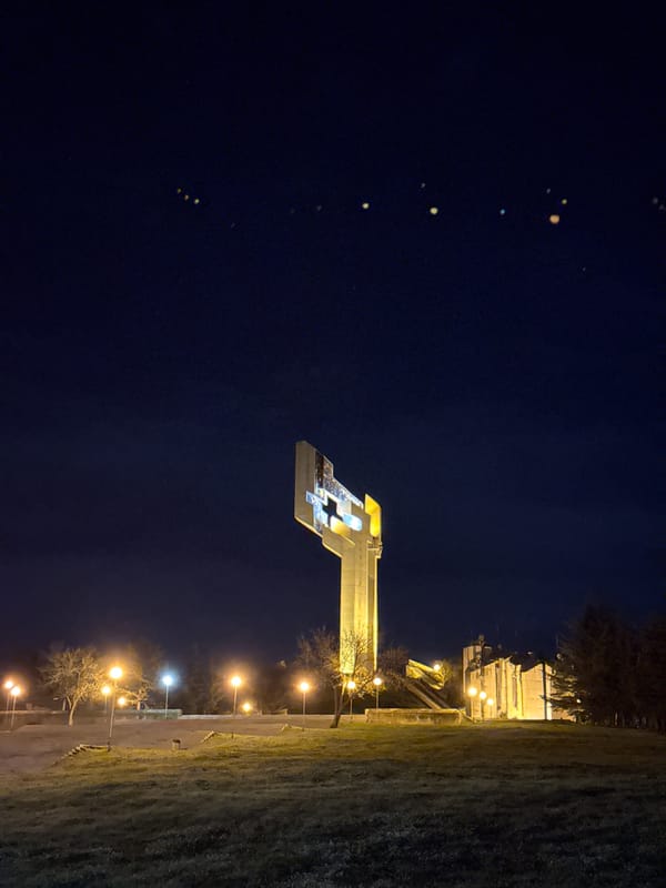 Memorial Complex illuminated at night in Stara Zagora