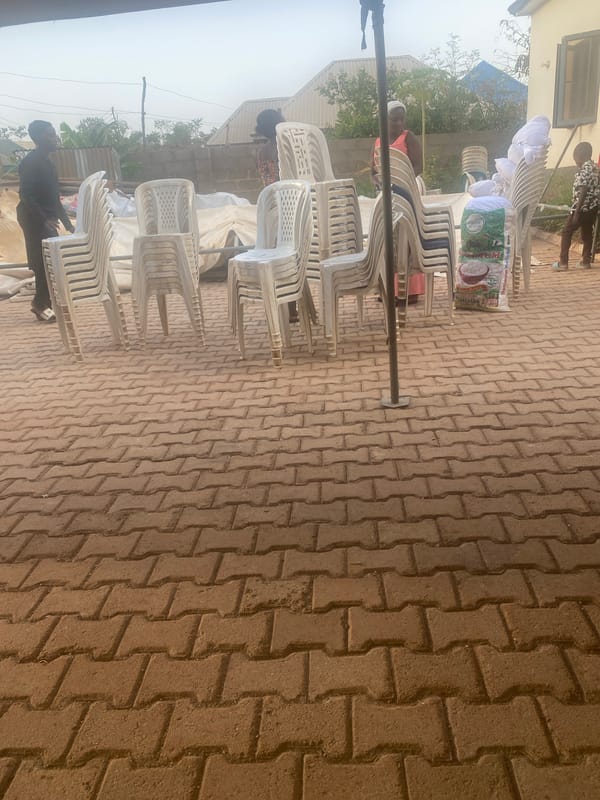 Chairs and rice bag arranged in Sabon Tasha, Nigeria
