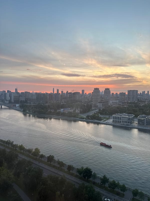 Moscow skyline and river at sunset, seen from above