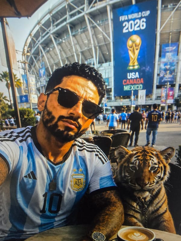 Argentina jersey, stadium crowd, and a tiger