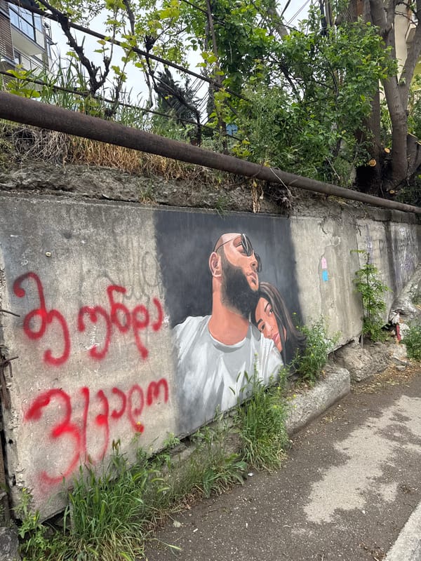 Woman takes selfies near street mural in Tbilisi