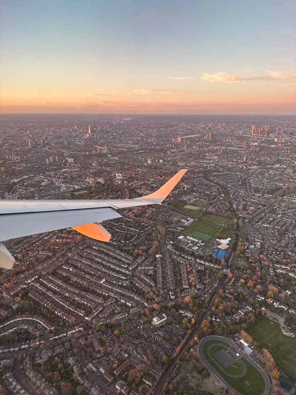 Aircraft passenger captures aerial dawn view over dense London neighborhoods