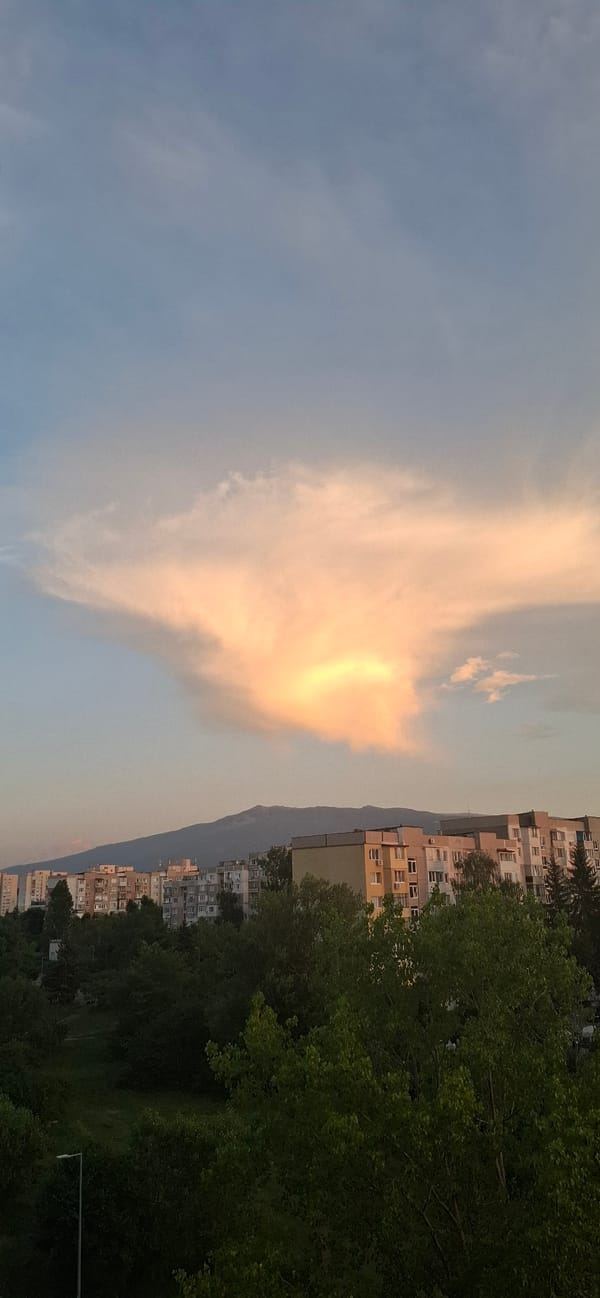 Sofia skyline photographed through a vivid, stormy summer sunset