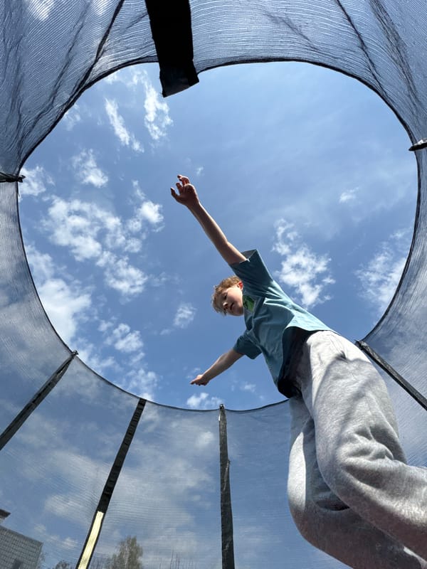Boy plays on trampoline with dog in Carnikava backyard