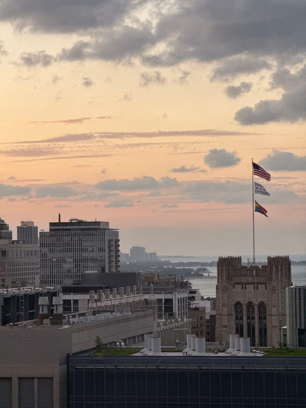 Chicago skyline at golden hour, rooftop to street level