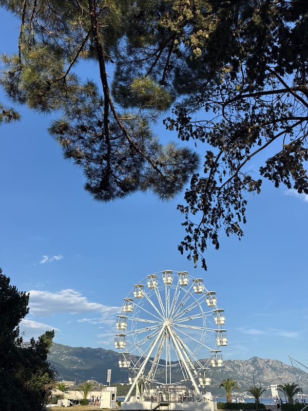 White Ferris wheel spinning with mountains and water behind it