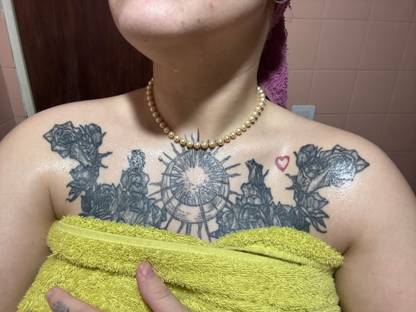 Tattooed individual photographed twice in Buenos Aires bathroom setting