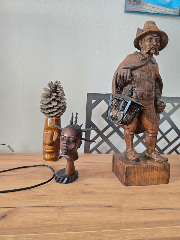 Home details, pets resting, and a rocky mountain view