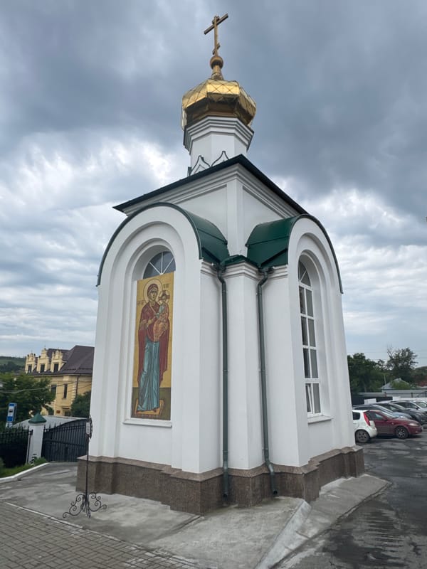Orthodox church grounds in Yekaterinburg on a cloudy morning