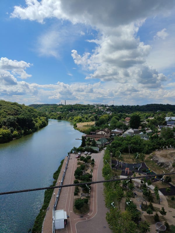 Aerial views of a calm riverside town with parks