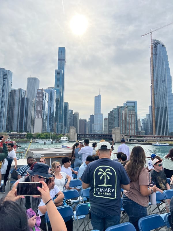 Chicago River boat captures overcast skyline view