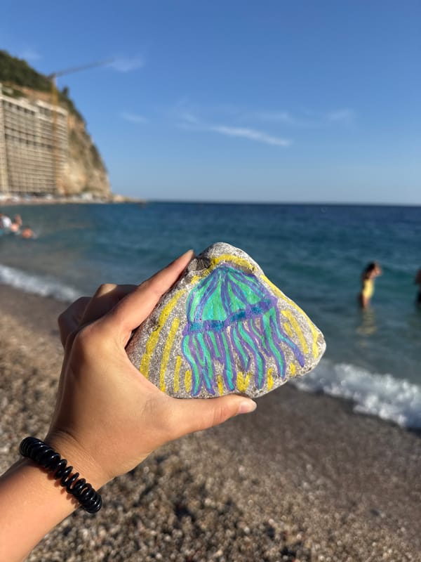 Hand-painted jellyfish rock held up at the Adriatic shore