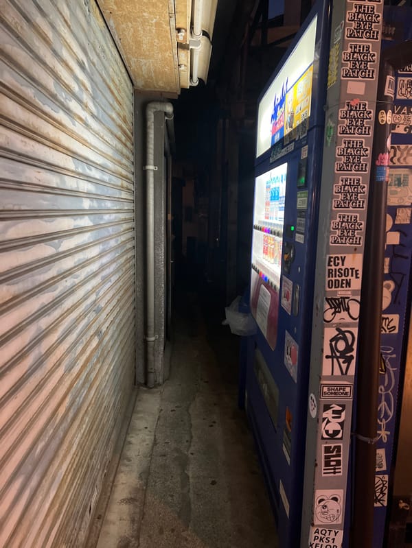 Weathered security shutter observed in Chiyoda alleyway