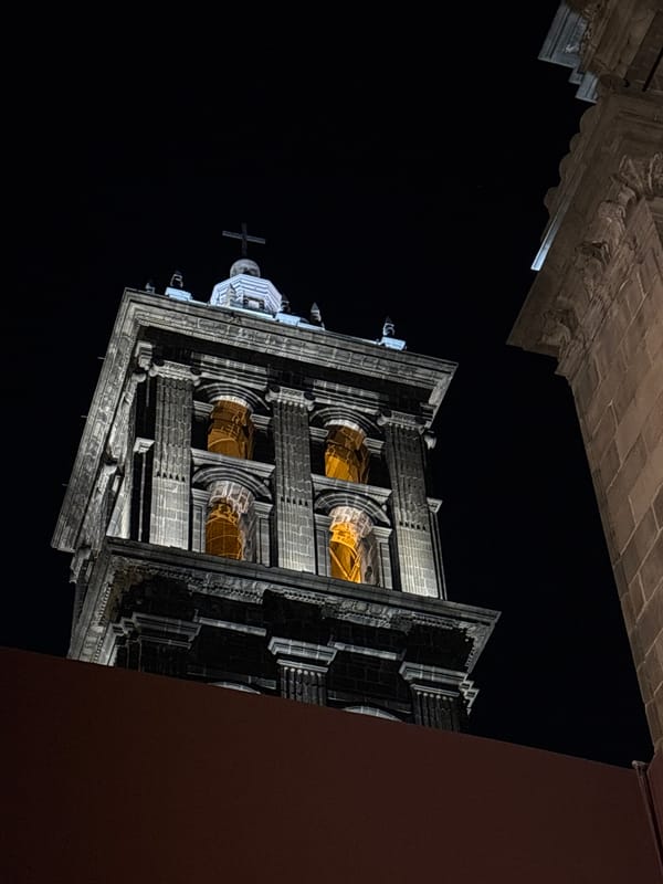 Nighttime documentation of Puebla Cathedral's architecture and gatherings