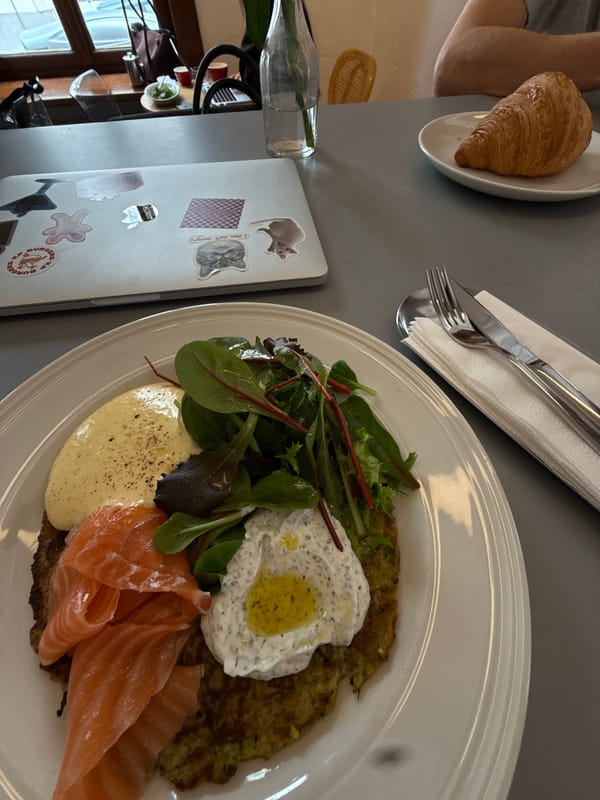 Latke dish with salmon photographed in Belgrade
