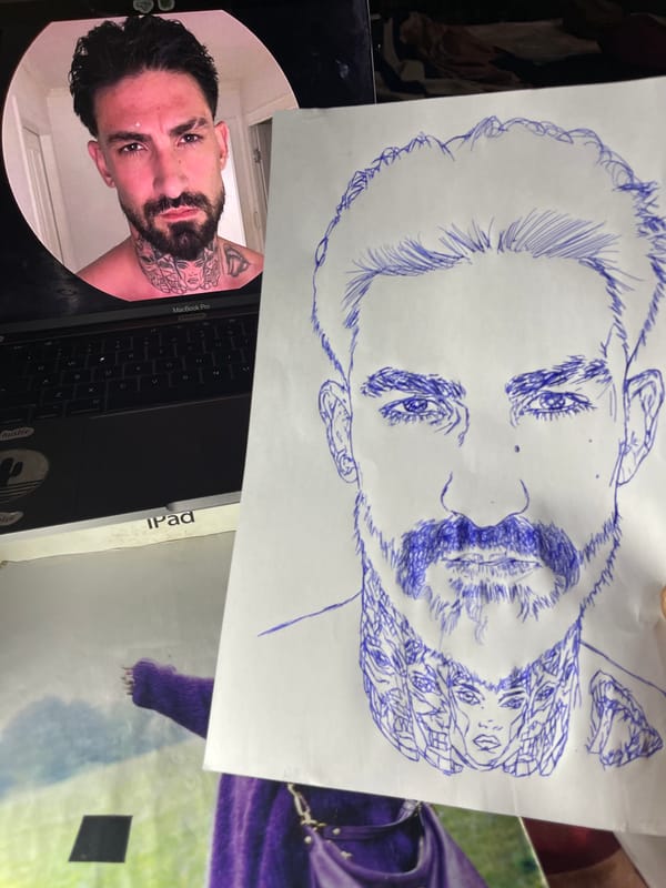 Blue ink portrait drawing in progress, Jos Nigeria