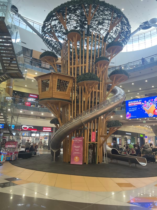 Shopping mall indoor playground with wooden structure and slide observed