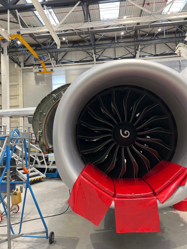 Aircraft engine maintenance documented in Sofia hangar