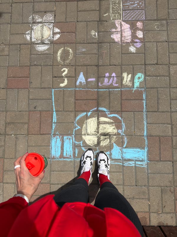 Late-night hopscotch game played in Birobidzhan plaza