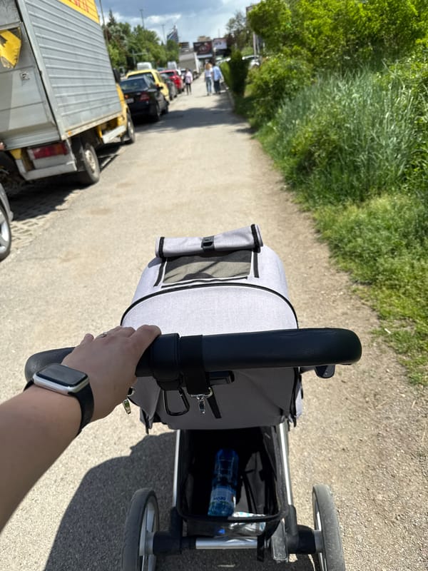 Parent pushes stroller along Sofia street amid parked vehicles