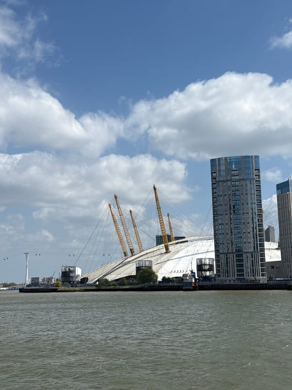 Sunny afternoon views of Thames waterfront and O2 Arena