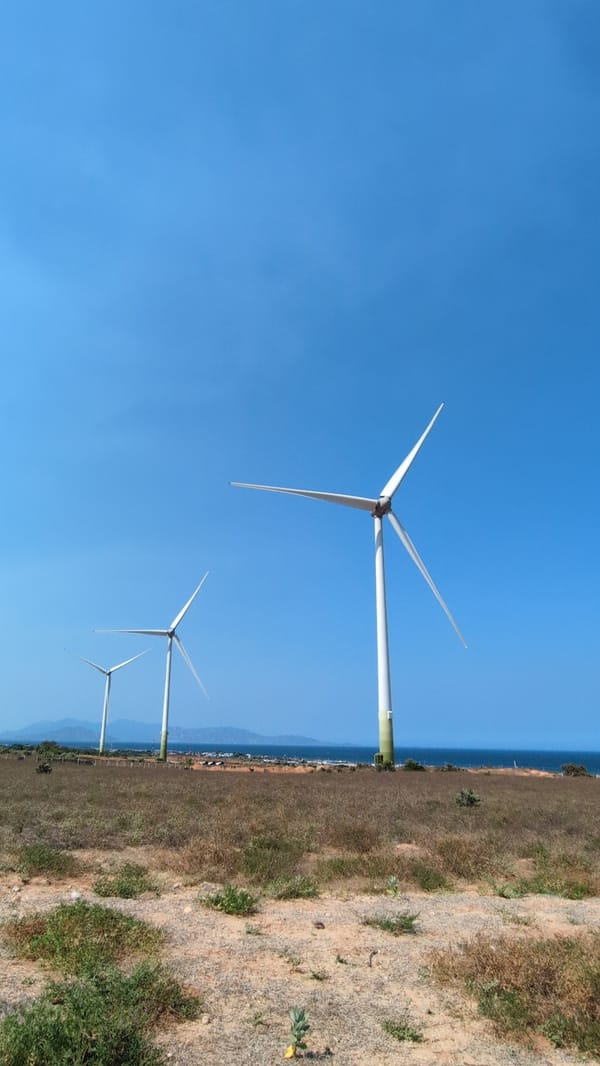 Wind turbines operate in coastal field near Phuoc Dinh