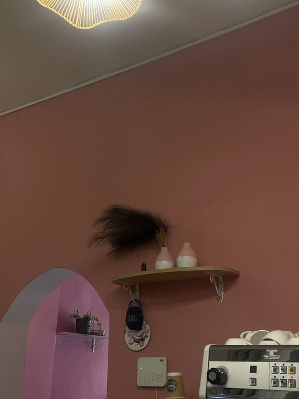 Selfie and interior detail from a pink-walled room in Tbilisi