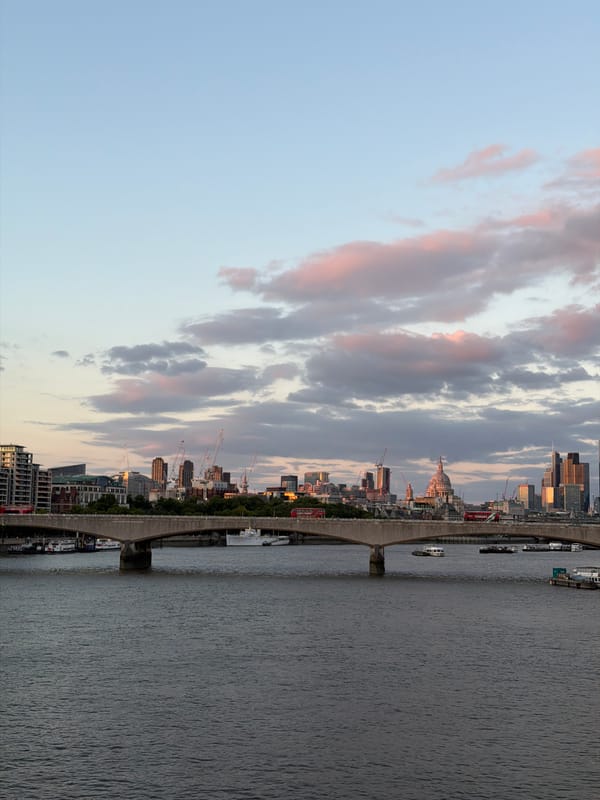 London skyline reflected across the Thames at dusk