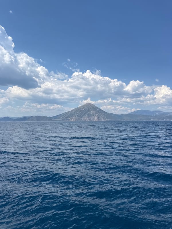 Out on the water off Patras, mountains on the horizon