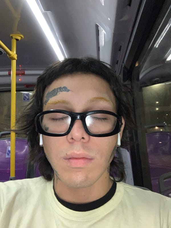Passenger covers face during late-night Buenos Aires bus ride