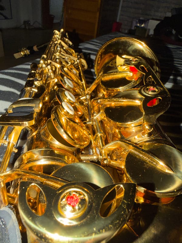 Golden saxophone documented in detailed close-ups in Velingrad, Bulgaria