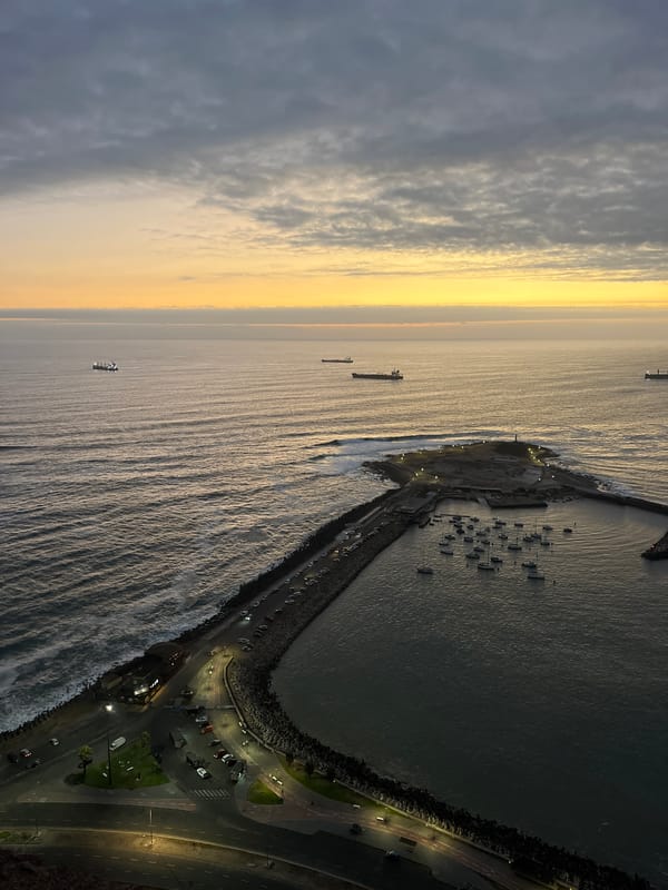 Aerial view captures Arica coastline at dusk