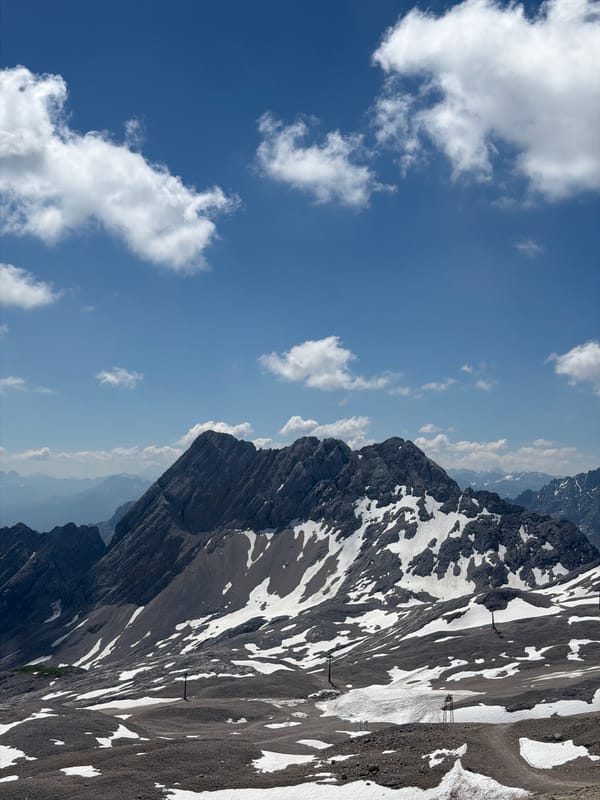 Morning at a Garmisch alpine viewpoint, rocky peaks all around