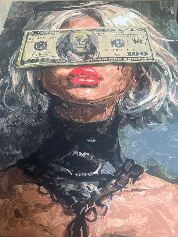 Oil painting featuring woman's face obscured by $100 bill observed