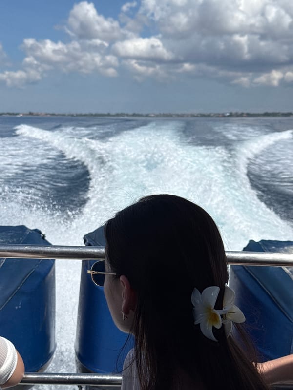Person with flower aboard moving boat in Indonesia