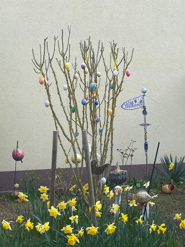 Easter decorations spotted in Saarbrücken neighborhood at sunset